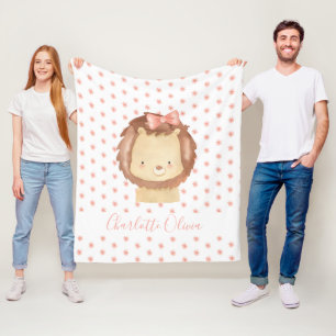 Cute Personalized Watercolor Baby Lion Pink Floral Fleece Blanket