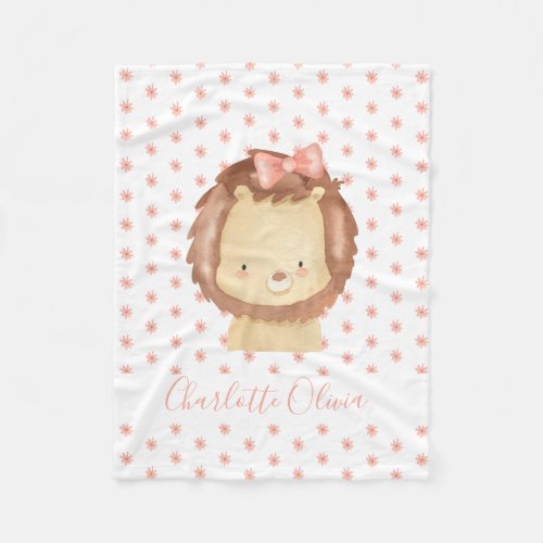 Cute Personalized Watercolor Baby Lion Pink Floral Fleece Blanket