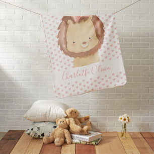 Cute Personalized Watercolor Baby Lion Pink Hearts Baby Blanket