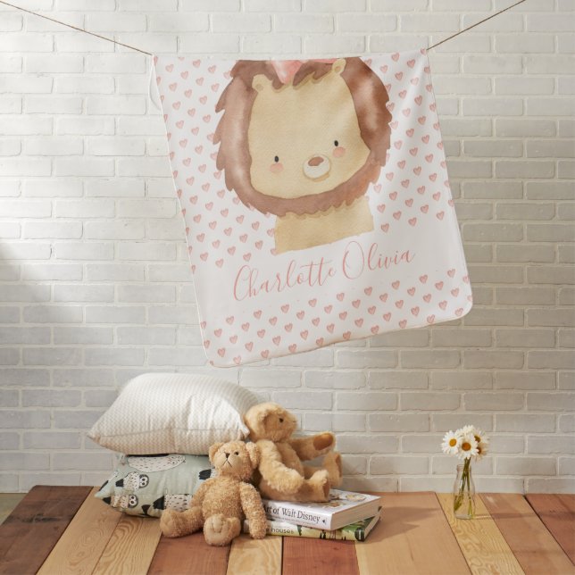 Cute Personalized Watercolor Baby Lion Pink Hearts Baby Blanket (In Situ)