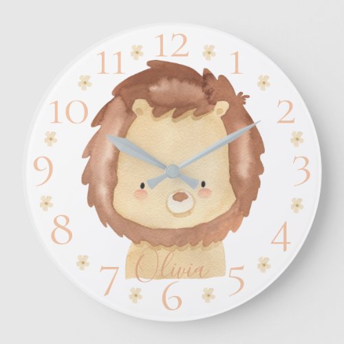 Cute Personalized Watercolor Baby Lion with Name Large Clock