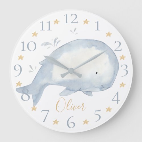 Cute Personalized Watercolor Baby Whale Nautical L Large Clock