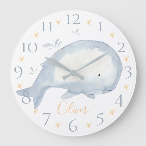 Cute Personalized Watercolor Baby Whale Nautical Large Clock