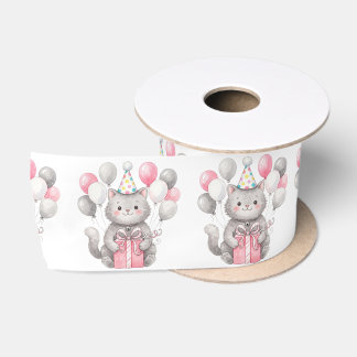 Cute Personalized Watercolor Cat Birthday Satin Ribbon