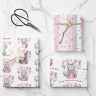 Cute Personalized Watercolor Cat Birthday Wrapping Paper Sheets