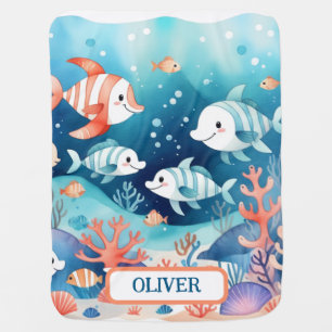 Cute Personalized Watercolor Coral Fish Baby Blanket