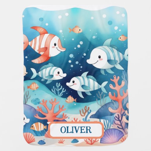 Cute Personalized Watercolor Coral Fish  Baby Blanket