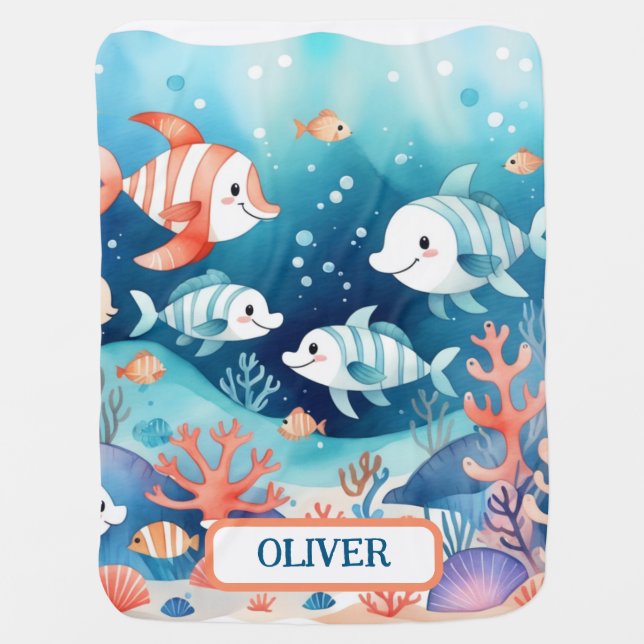 Cute Personalized Watercolor Coral Fish  Baby Blanket (Front)