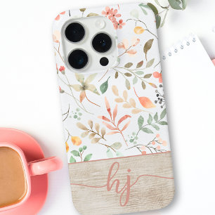 Cute Personalized Watercolor Floral Wood Monogram iPhone 15 Pro Case