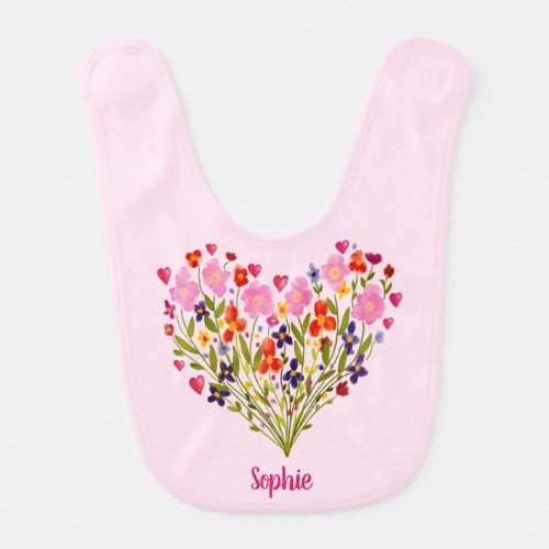 Cute Personalized Watercolor Flower Heart Baby Bib