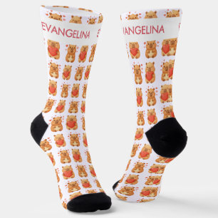 Cute Personalized Watercolor Hearts Capybara Socks