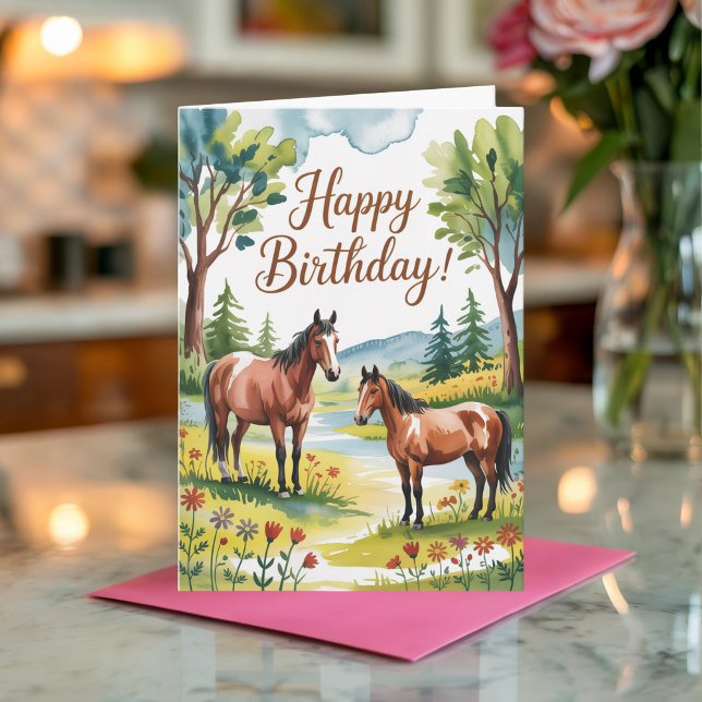 Cute Personalized Watercolor Horse Birthday Card (Creator Uploaded)