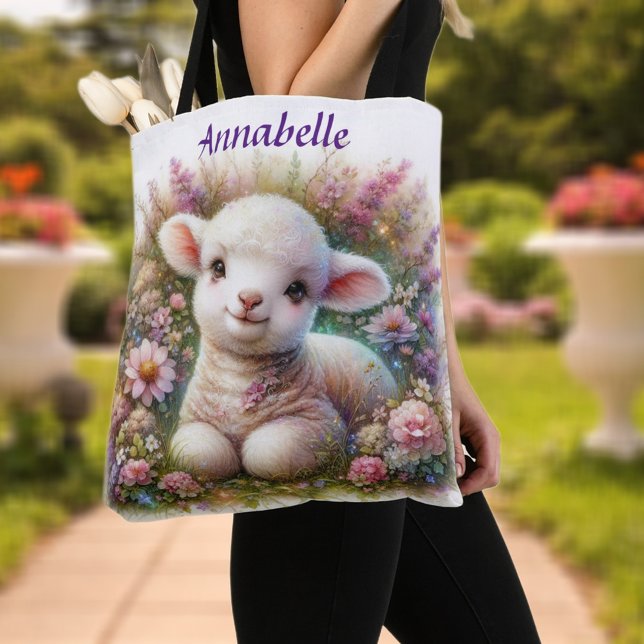 Cute Personalized Watercolor Lamb and Flowers Tote Bag (Creator Uploaded)