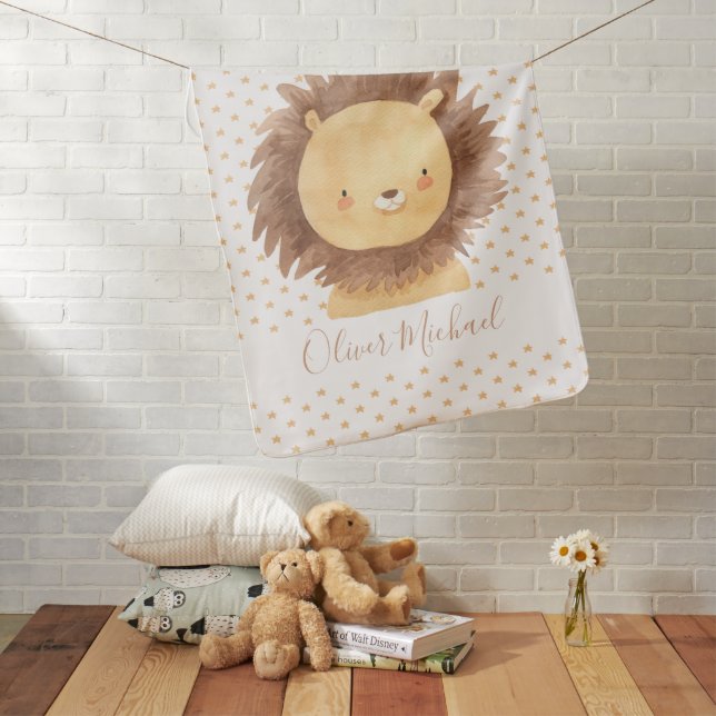 Cute Personalized Watercolor Lion Baby Name Baby Blanket (In Situ)
