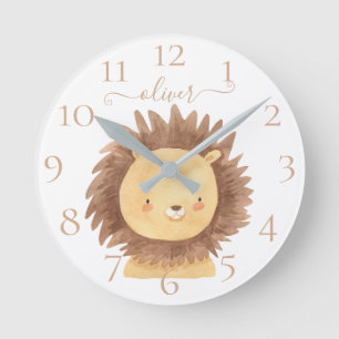 Cute Personalized Watercolor Lion Baby Nursery Kid Round Clock