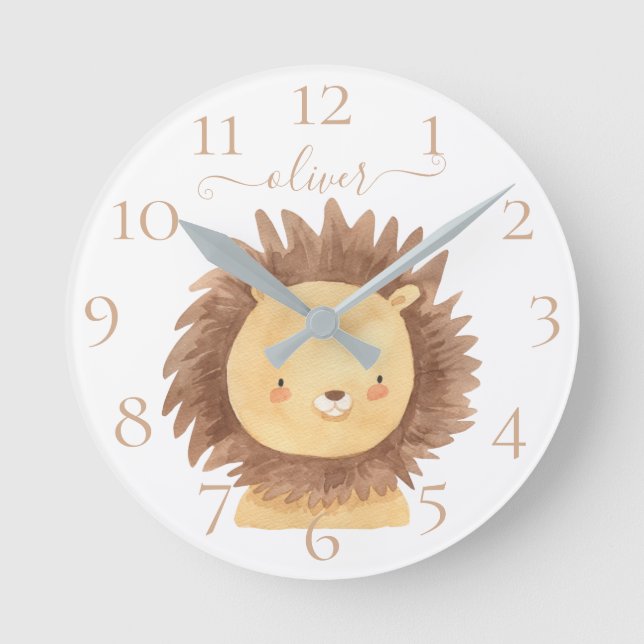 Cute Personalized Watercolor Lion Baby Nursery Kid Round Clock (Front)