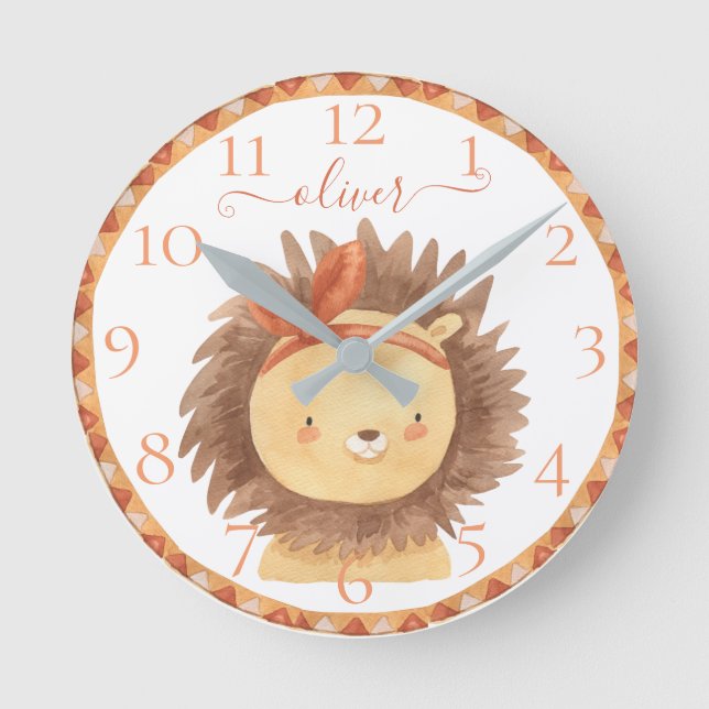Cute Personalized Watercolor Lion Baby Nursery Kid Round Clock (Front)