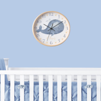 Cute Personalized Watercolor Nautical Blue Whale Clock