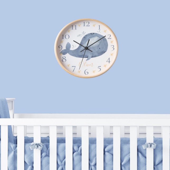 Cute Personalized Watercolor Nautical Blue Whale Clock (Creator Uploaded)