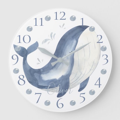 Cute Personalized Watercolor Nautical Blue Whale L Large Clock