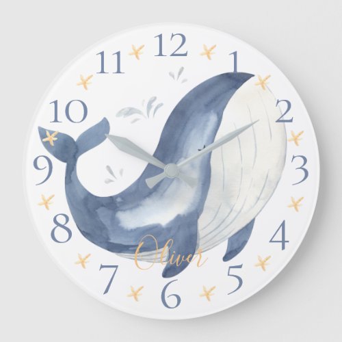 Cute Personalized Watercolor Nautical Blue Whale Large Clock
