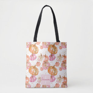 Cute Personalized Watercolor Pumpkin Fall Tote Bag