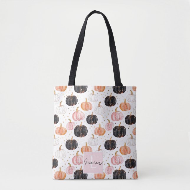 Cute Personalized Watercolor Pumpkin Fall Tote Bag (Front)
