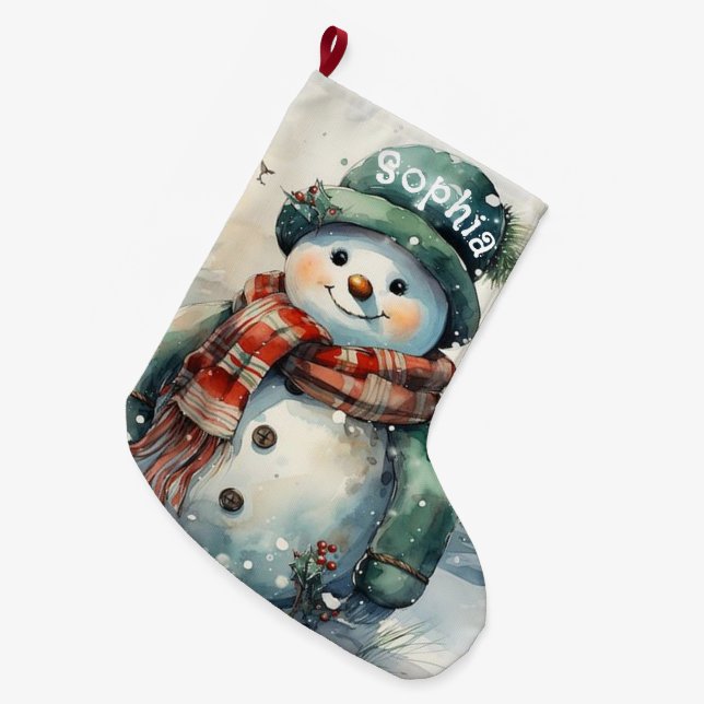 Cute Personalized Watercolor Snowman Large Christmas Stocking (Front (Hanging))