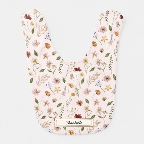 Cute personalized watercolor wildflower pink baby  baby bib