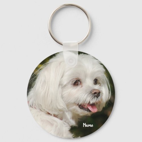 Cute Personalized White Maltese Puppy Dog Keychain