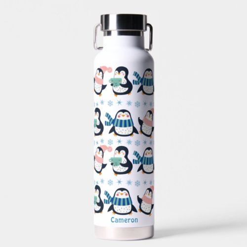 Cute Personalized Winter Penguin Snowflake Holiday Water Bottle