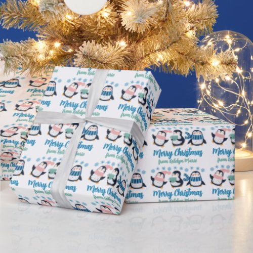 Cute Personalized Winter Penguin Snowflake Holiday Wrapping Paper