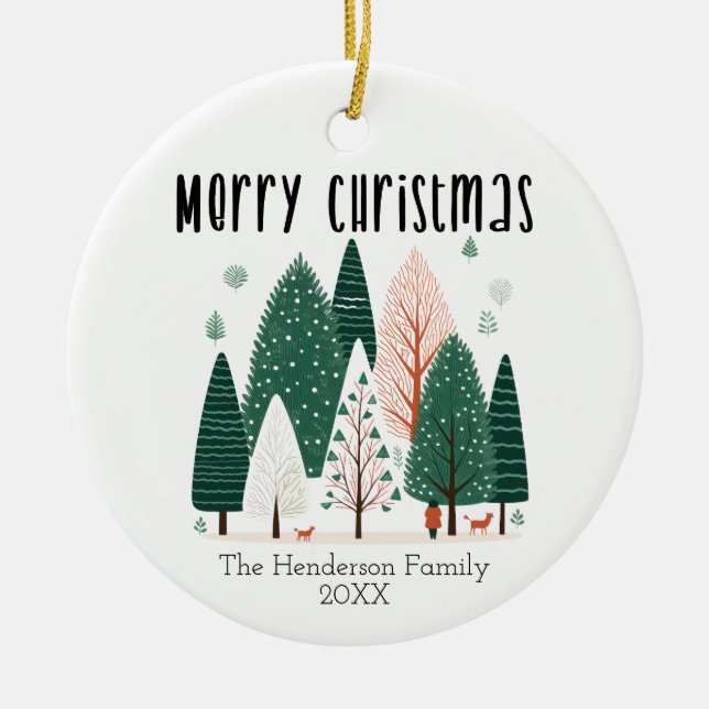 Cute Personalized Winter Pine Tree Family Xmas  Ceramic Ornament (Front)