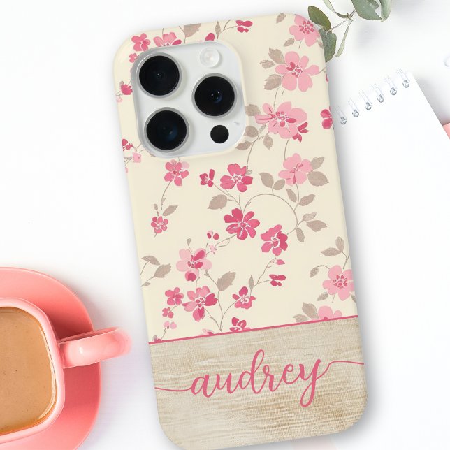 Cute Personalized Wood Floral Script Monogram Name Case-Mate iPhone Case (Creator Uploaded)