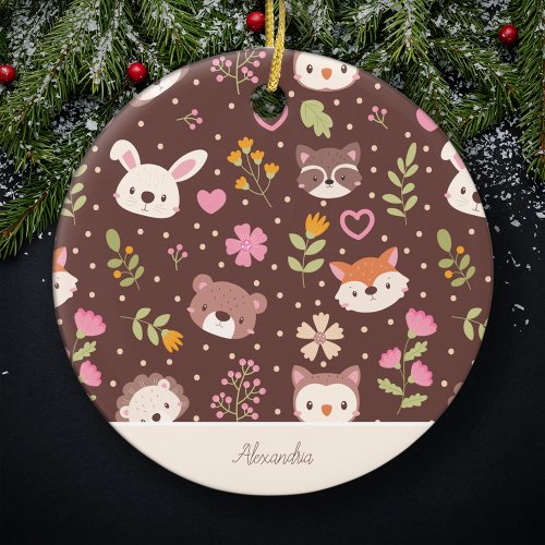 Cute Personalized Woodland Animals Kids Christmas Ceramic Ornament