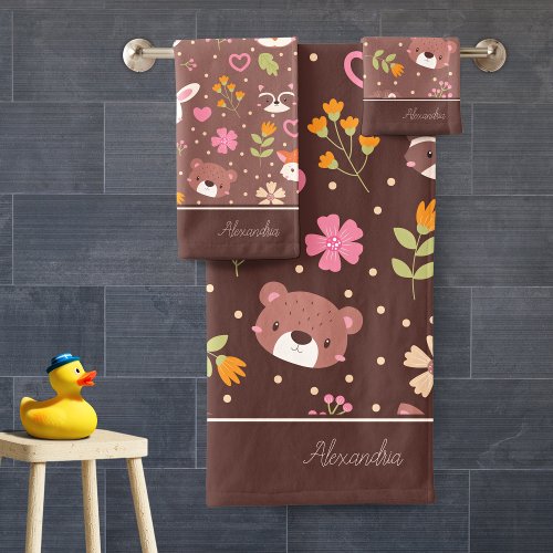 Cute Personalized Woodland Animals Pattern Bath Towel Set