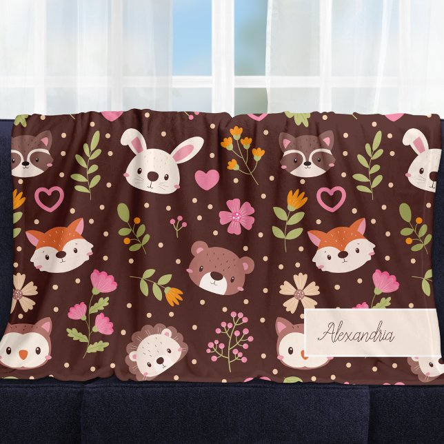Cute Personalized Woodland Animals Pattern Kids Fleece Blanket (Creator Uploaded)