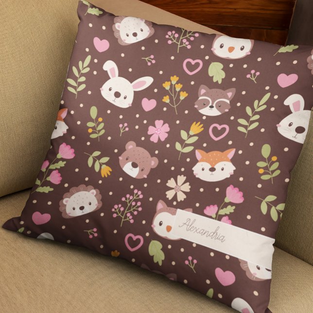 Cute Personalized Woodland Animals Pattern Kids Throw Pillow (Creator Uploaded)