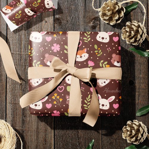 Cute Personalized Woodland Animals Pattern Kids Wrapping Paper