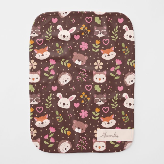 Cute Personalized Woodland Animals Pattern Unisex Baby Burp Cloth (Front)