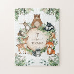 Cute Personalized Woodland Forest Animals Monogram Jigsaw Puzzle<br><div class="desc">This adorable design features a group of cute forest animals and rustic watercolor botanical greenery. Personalize it with your child's name by clicking the "Personalize"button.</div>