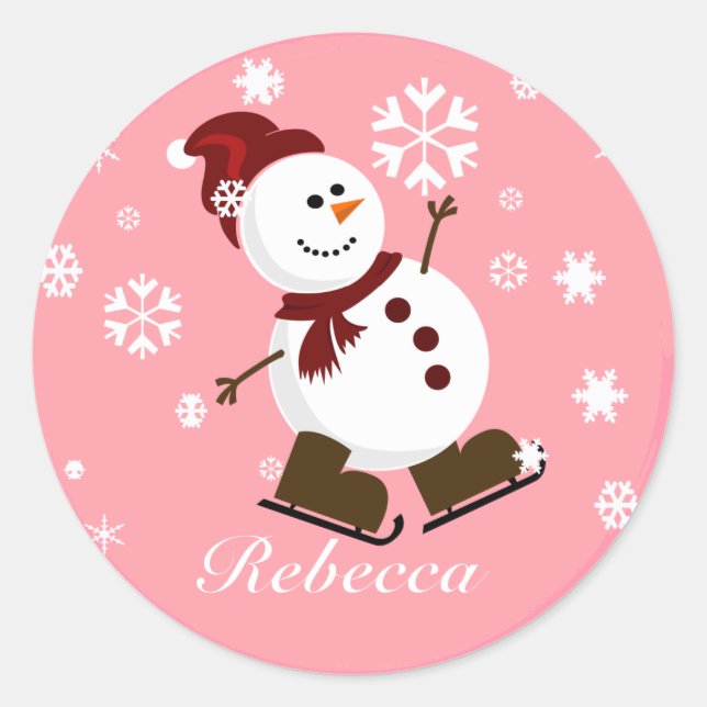 Cute Personalized Xmas Snowman Classic Round Sticker (Front)