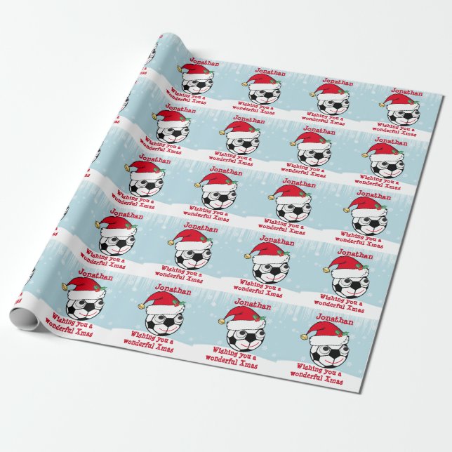 Cute Personalized Xmas Soccerball Wrapping Paper (Unrolled)