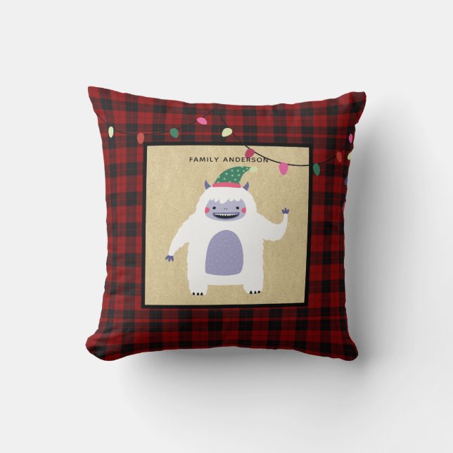 Cute Personalized Xmas YETTI Monster Buffalo Plaid Throw Pillow (Front)