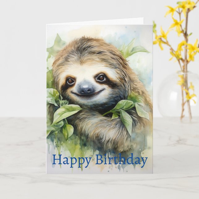 Cute Personlised Watercolour Sloth Design  Card (Yellow Flower)
