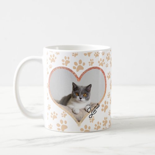 Cute Pet Cat Photo Heart glitter  Paws Pattern Coffee Mug