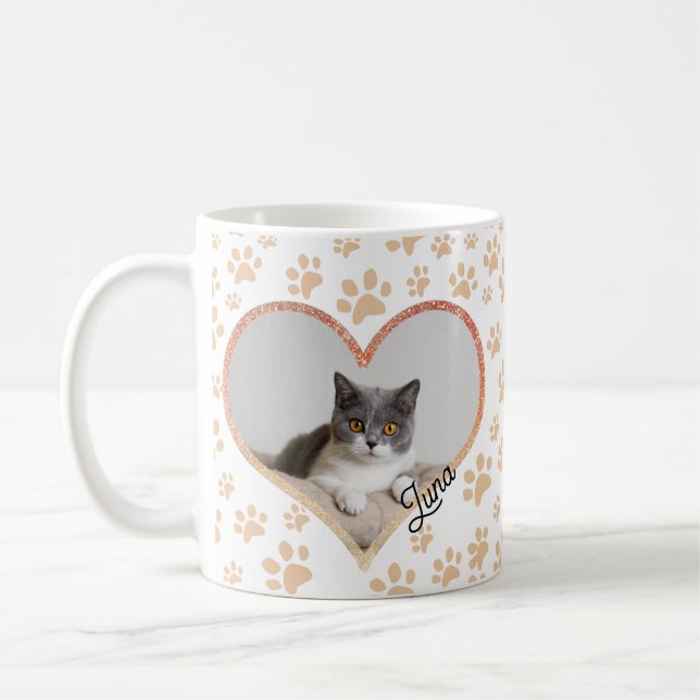 Cute Pet Cat Photo Heart glitter & Paws Pattern Coffee Mug (Left)