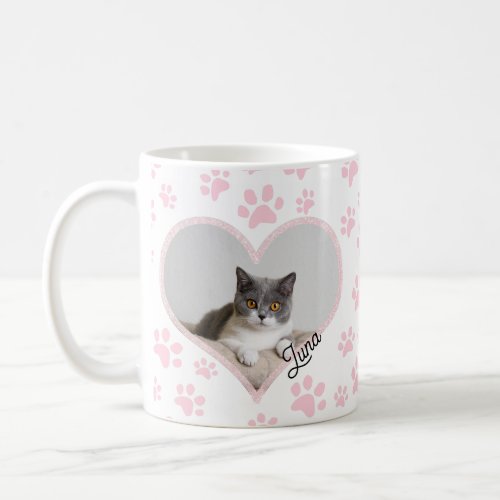 Cute Pet Cat Photo Heart glitter  Paws Pattern Coffee Mug