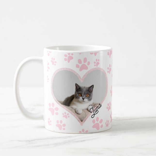 Cute Pet Cat Photo Heart glitter & Paws Pattern Coffee Mug (Left)