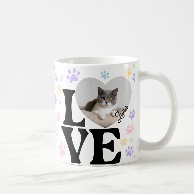 Cute Pet Cat Photo Heart & Paws Pattern Coffee Mug (Right)